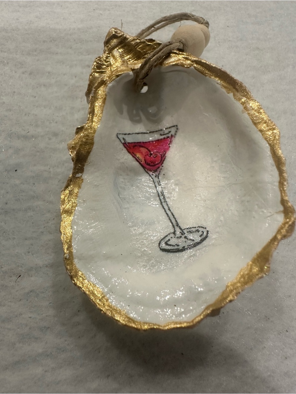 Hand-Painted Gold-Trim Oyster Shell ornament with Pink Cocktail Art